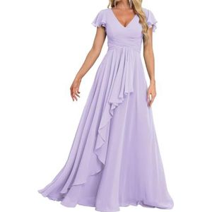 Prinses Bruidsmeisjes Jurken Flutter Mouw Galajurken Chiffon Formele Avondfeest Maxi Jurk met Split ZM189, Lavendel, 32
