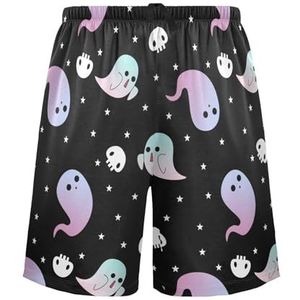 LI ZHI XIN Herenpyjamabroek, korte pyjamabroek, zomer casual shorts, elastische taille met trekkoord, rechte buis losse pasvorm met 2 zakken, S-XXL Halloween spookpatroon, Meerkleurig, S