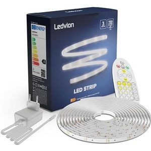 Ledvion Dimbare LED-strip 3M, 3000K-6500K, 24V, 9W, Plug & Play, Incl. afstandsbediening, Instelbare kleurtemperatuur, 60 LED's/m, ingekort tot 20cm, 2 jaar garantie, Zonder 2 AAA-batterijen