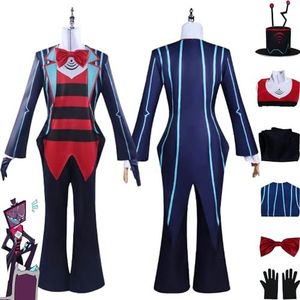 Anime Hazbin Hotel Vox Cosplay Kostuum Outfit Rol Paly Uniform Blauw Jasje Volledige Set Halloween Carnaval Dress Up Suit met Handschoenen Hoed voor Mannen Jongens (S)