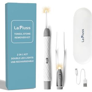 La Fluss Tonsilloliet-verwijderingsset met ledlicht, oplaadbaar, verwijdert tonsillaire stenen, inclusief pen met led-schenktuit van siliconen, pincet voor veilig verwijderen met led, USB-kabel