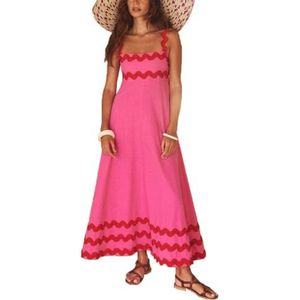 Dames zomer maxi-jurk casual boho mouwloze spaghettibandjes gesmokte lange strandzonjurken(Color:Pink B,Size:X-Large)