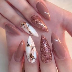 Coffin False Nails Short Fake Nails Glitter Press on Nails Bellarina Acrylic Stick on Nails 24pcs for Women and Girls, with solid glue, nail lamp