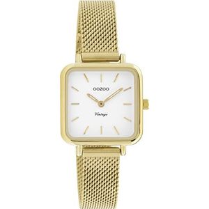 OOZOO Vintage dameshorloge - polshorloge dames met 12 mm metalen mesh armband - analoog dameshorloge vierkant, wit/goud, Armband