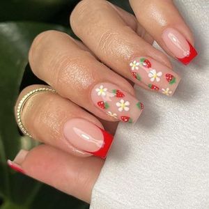 Vierkante Press-On Nagels Aardbei Ontwerpen Franse Nep Nagels Acryl Kunstnagels Lijmen Op Nagels Voor Vrouwen