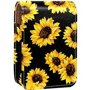 Zonnebloem Zwart Patroon Draagbare Lipstick Case voor Reizen,Mini Lipstick Opbergdoos met Spiegel voor Vrouwen Dames, Lederen Cosmetische Pouch, Meerkleurig, 9.5x2x7 cm/3.7x0.8x2.7 in