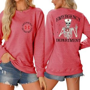 MLZHAN Spoedeisende Afdeling Aan De Voorzijde Print Vrouwen Halloween Sweatshirts Grappig Skelet Verpleegster Hoed Cup De Rug Print Shirt (XL, Rood), Rood, XL