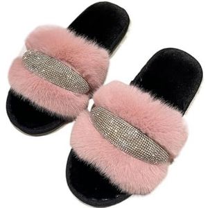 MZSKLW Winter Open Teen Slipper Pluizige Platte Thuis Vrouwen Slipper Open Naar Steentjes Vrouwelijke Flip Flops Pluche Slide Gezellige Thuis Indoor Schoen Gezellige Open Teen Sliders, roze,