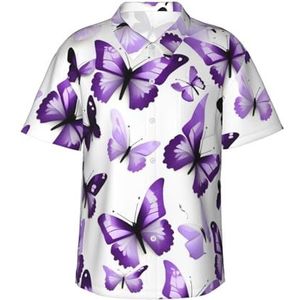 Wit Paars Vlinders Print Leuk Hawaiiaans Shirt Voor Mannen Casual Korte Mouw Button Down Shirts Zomervakantie, Zwart, S