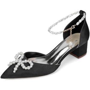 GHSIRUEU Vrouwen Puntige Teen Parelketting Lage Hakken Satijn Bruidspumps met Strik,zwart,35 EU