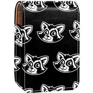 Draagbare Lipstick Case voor op reis, Mini Lipstick Opbergdoos met spiegel voor vrouwen dames, Lederen cosmetische etui Schattig zwart wit wasbeer dier, Meerkleurig, 9.5x2x7 cm/3.7x0.8x2.7 in