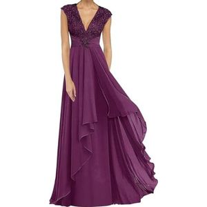Dames chiffon moeder van de bruid jurk plooien Avond Prom jurken Cocktail Jurken Plus Size, Pruim, 32