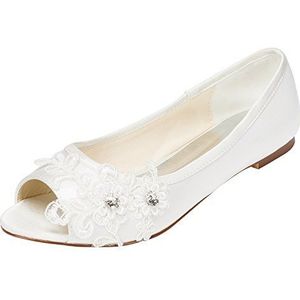 Emily Bridal Bruidsschoenen Vrouwen Satijn Platte Hak Peep Teen met Kristallen Hak Kristal 41EU