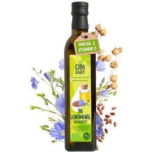 Biologische lijnzaadolie - 500 ml. Bevat meer dan 50% vitamine E, K en B en omega 3. Rauwe en pure koudgeperste lijnzaadolie voor haar of voeding.