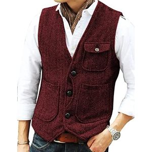 Heren retro pakvest, casual gilet, V-hals drie echte zakken, multifunctioneel, meerdere kleuren, for bruiloft, daten (Kleur : Bourgondië, Maat : XL)