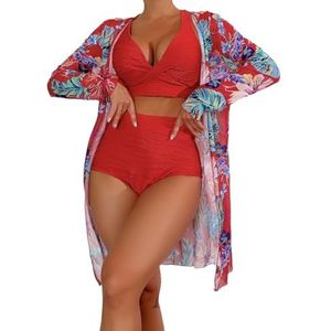 Dames 3-delige bikiniset dames 3-delige outfits set bloemen kimono cover up off shoulder crop cami top korte pakken, Rood, S