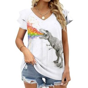 T-Rex Dinosaurus Rainbow Puke Art Grafische Blouse Top Voor Vrouwen V-hals Tuniek Top Korte Mouw Volant T-shirt Grappig