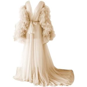 Lange Mouw Geplooide Moederschap Tule Gewaad Voor Fotoshoot Zwangere Badjas Pure Lingerie Nachtjapon AH141, Champagne, 32