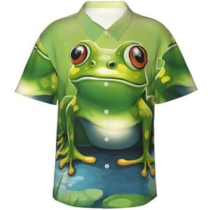 Cartoon Kikker 1 Print Leuk Hawaiiaans Shirt voor Mannen Casual Korte Mouw Button Down Shirts Zomervakanties, Zwart, S