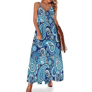 Blauw paisley-patroon dames zomer maxi-jurk V-hals mouwloze spaghettiband lange jurk