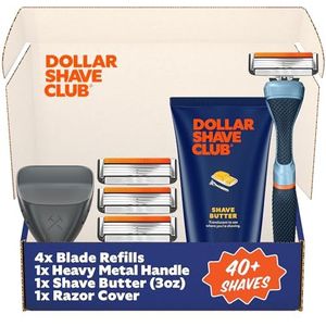 Dollar Shave Club | De exclusieve scheerset voor leden | 4 Swift Rinse navulpatronen, 1 handvat (blauw), 1 scheerboter 3 oz, 1 scheermeshoes