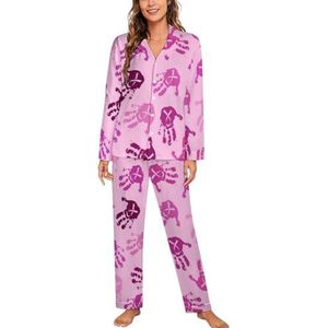 Roze Kanker Lint Handafdruk Vrouwen Lange Mouw Button Down Nachtkleding Zachte Nachtkleding Lounge Pyjama Set M