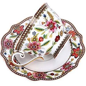 fanquare Vintage koffiemok van fijn porselein, motief rode bloemen, bekerset met onderzetter van porselein, 200 ml