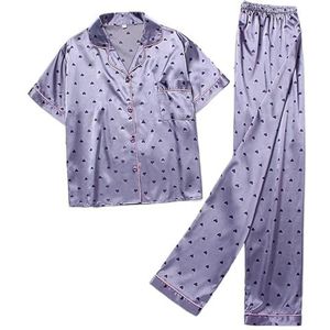 CSSHNL Satijnen Pyjama Set Vrouwen Gestreepte Gedrukt Zijde Satijn Pyjama Zomer Nachtkleding Broek Suits Satijn Set Vrouw 2 Stuks Korte Mouw Slaap Tops Night Dames Pyjama Set, Paars, M