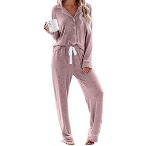 Aamikast Pyjama voor dames, lange pyjama, set met knoopsluiting, tweedelig nachtkleding, huispak, grijs/roze., S