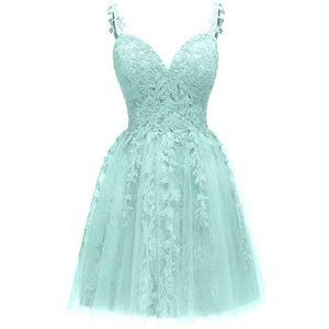 Spaghetti Bandjes Bruidsmeisjes Jurken voor Junioren Kant Applique Avond Cocktail Party Maxi Jurk Mini Lengte AH154, Munt, 32