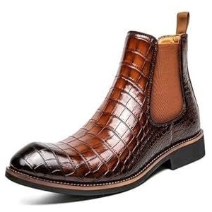 New Chelsea Boots For Men Round Toe Faux Crocodile Print Leather Wearable Non Slip On Casual Dress Boots (Color : Brown, Size : EU 45)