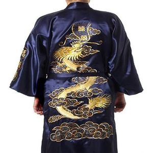 Chinese heren satijnen zijden gewaad borduurwerk kimono badjurk draak maat heren badjas spa gewaad nachthemd kimono SML XL XXL XXXL (Color : Dark blue, Size : XXL)