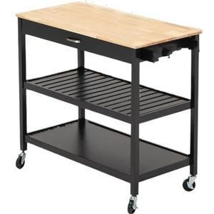 Opbergwagen Keukeneilandkarren op wielen met/rubberhouten blad, mobiele rolwagen met opberglade en planken Opbergkast