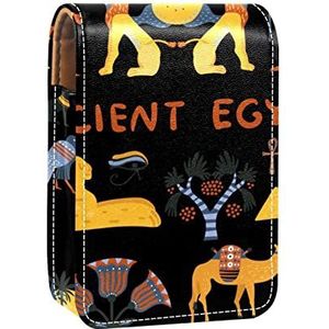 Draagbare Lipstick Case voor op reis, Mini Lipstick Opbergdoos met spiegel voor vrouwen dames, Lederen Cosmetische Pouch Oude Egypte Piramide Lion Camel Symbolen mark, Meerkleurig, 9.5x2x7 cm/3.7x0.8x2.7 in