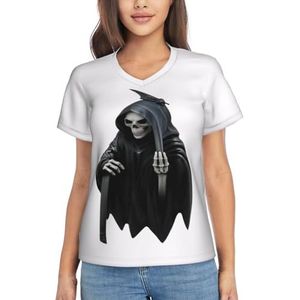 3D Grim-Reaper Prints Dames V-hals T-shirts - Casual Tops met korte mouwen, losse pasvorm, ademende zomershirts, Wit, S