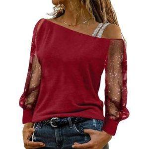 Tdvcpmkk Dames asymmetrische mesh pailletten off-shoulder lente zomer kant mesh lange mouwen casual shirt T-shirt, Rood, XL