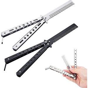 Vlinderkam, 2 stuks, vlinders, roestvrij staal, opvouwbare zakkam, lentehaar, barberkam voor haarstyling-accessoires, zilver, zwart