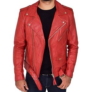 Heren echt zacht leren bikerjack met riem ASST kleuren zwart cognac rood Bob, Rood, L