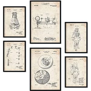 Nacnic Set van 6 vellen astronaut patentvellen retro posters met antieke uitvindingstekeningen voor thuis vintage woondecoratie DIN A4 en A3 zonder lijst.