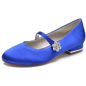 Womens Ronde Neus Bruids Platte Pumps Strappy Ballet Ballerina's Satijn Strass Trouwjurk Schoenen,Blauw,36 EU