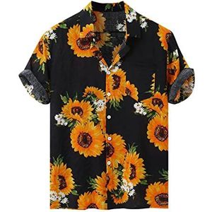 Mannen Zonnebloem Print Shirt Zomer Kleurrijke Korte Mouw Losse Knoop Up Shirt, Zwart, L