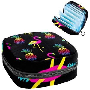 Opbergtas voor maandverband, menstruatiecup zakje, menstruatiezak, organizer voor vrouwelijke pads, tampons, flamingo ananas, zwart