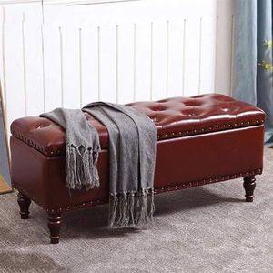 JAVYPPT Ottomans Krukken Houten Ottomaanse Opslag Bench Wax Lederen Rechthoek Sofa Kruk Hal Entryway Schoenen Bank Gestoffeerde Zitting Lvng Kamer Voetbank (Bruin, 105 cm)