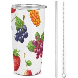 Camping Cups Kleurrijke Bessen Patroon Gedrukt Reizen Mok Geïsoleerde Tumblers Roestvrij Staal Geïsoleerde Reismok met Deksel Morsbestendige Auto Tumbler Cup voor Koffie Thee Thermos Houdt Dranken