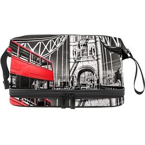 Grote capaciteit reizen cosmetische tas,Rode bus op brug,Make-up tas,Waterdichte make-up tas organisator, Meerkleurig, 27x15x14 cm/10.6x5.9x5.5 in