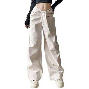 Womens Casual Sexy Wide Leg Broek Lage Onregelmatige Cross Waisted Grace Trendy Verborgen Rits Flowy Broek,Wit,L