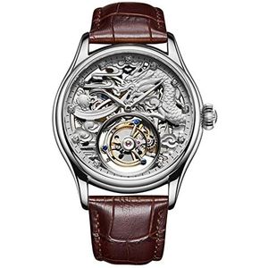 GUANQIN Mannen echte mechanische handwind vliegende tourbillon skelet polshorloge man mannelijke klok zakelijke jurk polshorloge saffier lederen band Chinese draak wijzerplaat, Zilver Wit Bruin, 42mm