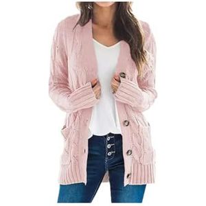 MdybF Gebreid vest voor dames, herfst en winter, cardigan, cardigan, gebreide jas, lange jas, roze, XL