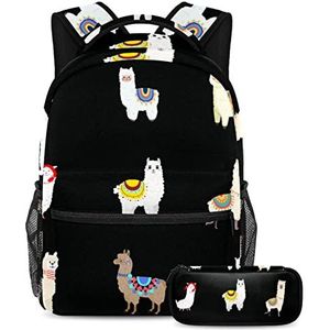 Leuke kleurrijke alpaca rugzak met etui, 2 stuks kind schooltas set voor jongens meisjes tieners, reizen boek tas voor studenten, Meerkleurig, B：29.4x20x40cm P：19x7.5x3.8cm, Rugzakken