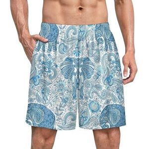 Blauwe Indiase olifant grappige pyjama shorts voor mannen pyjamabroek heren nachtkleding met zakken zacht